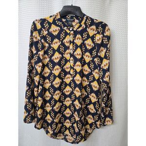 About A Girl Womens Tunic Size Small Blue Yellow Gold LongSleeve Light Long Fall